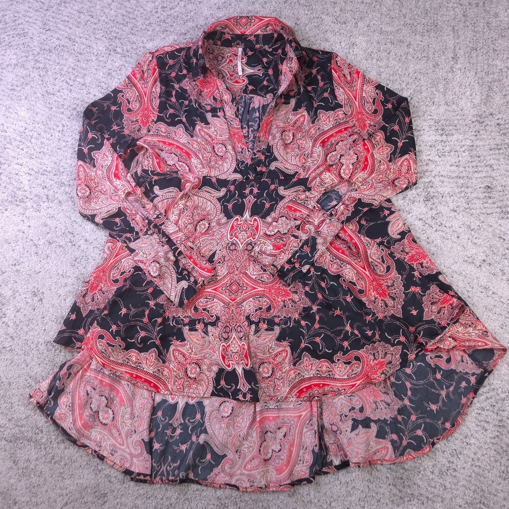 Free People Tunic Womens Size XS Top Paisley Long Sleeve V-Neck Collared Red GUC